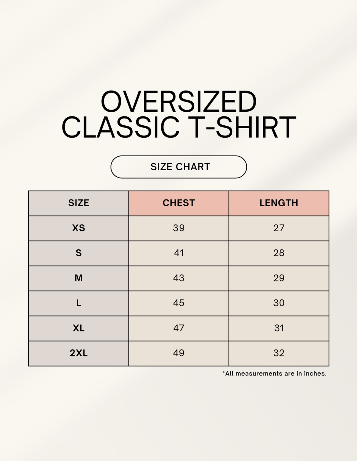 Known Clothing oversized classic t-shirt size chart and measurement guide