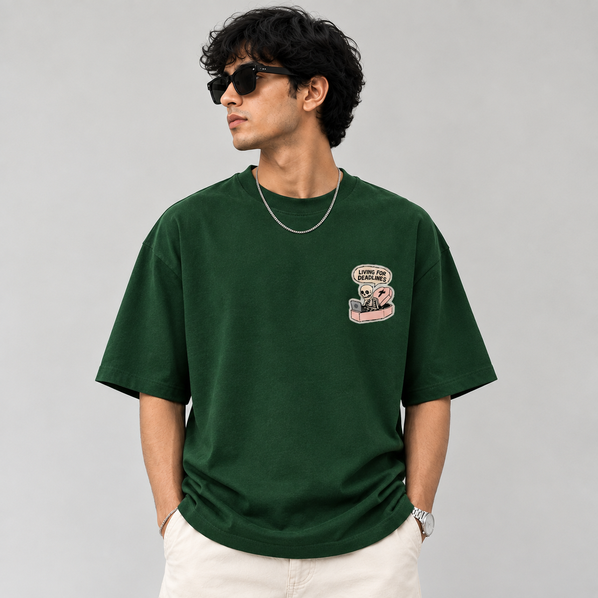 Known Clothing Living For Deadlines green oversized t-shirt front view on model