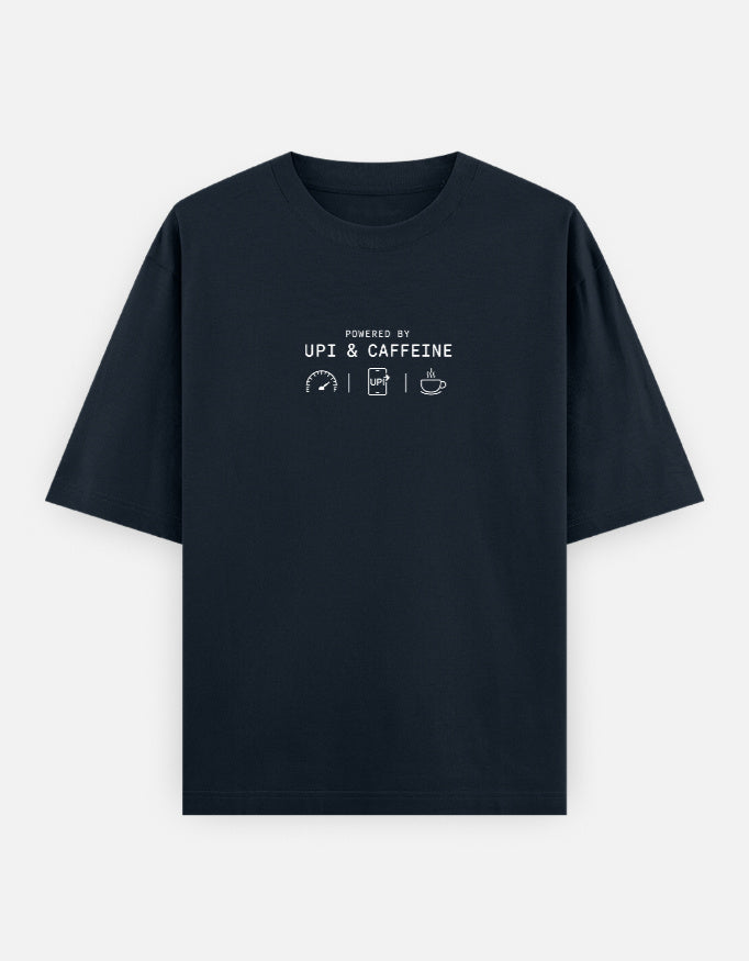  Known Clothing Powered by UPI and Caffeine navy blue oversized t-shirt front view