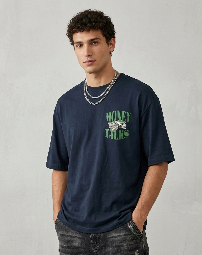 Known Clothing navy money talks graphic oversized t-shirt front view on male model