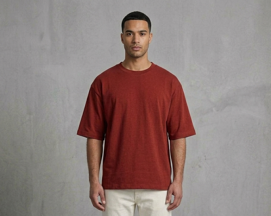 Known Clothing rust red oversized t-shirt front view on male model