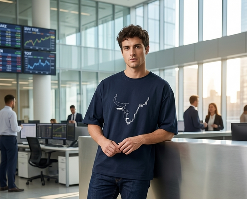 Known Clothing dark navy bull graphic oversized t-shirt front view on male model in trading floor setting