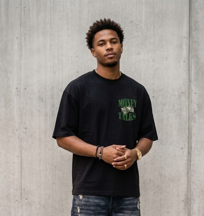 Known Clothing black money talks graphic oversized t-shirt front view on male model