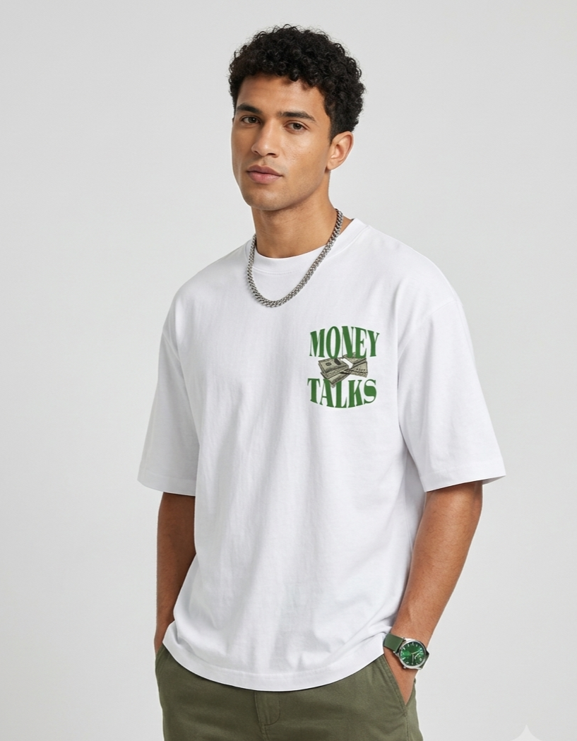 Known Clothing white money talks graphic oversized t-shirt front view on male model