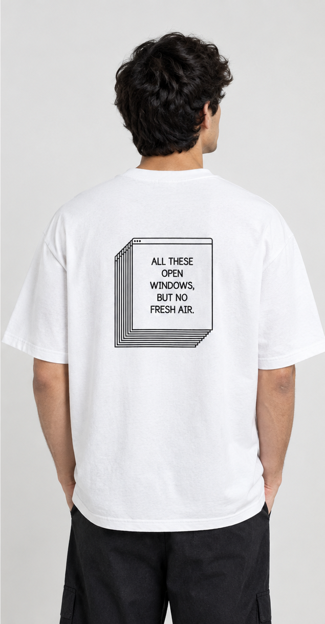  Known Clothing All These Open Windows white oversized t-shirt back view on model showing graphic