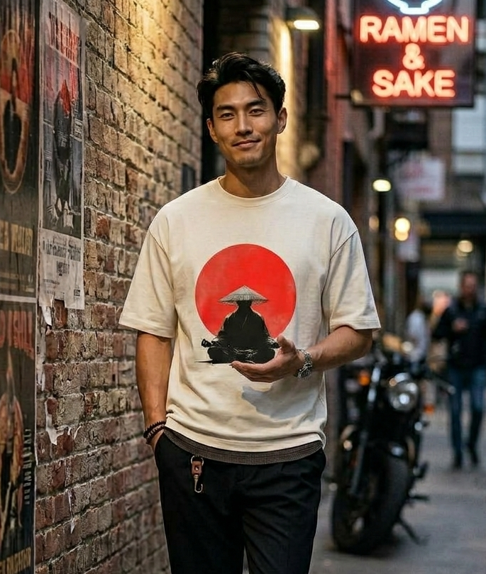 A man wearing a beige graphic t-shirt with a red sun and meditating figure print, standing in a city alleyway next to a brick wall with a glowing 'Ramen & Sake' sign in the background.
